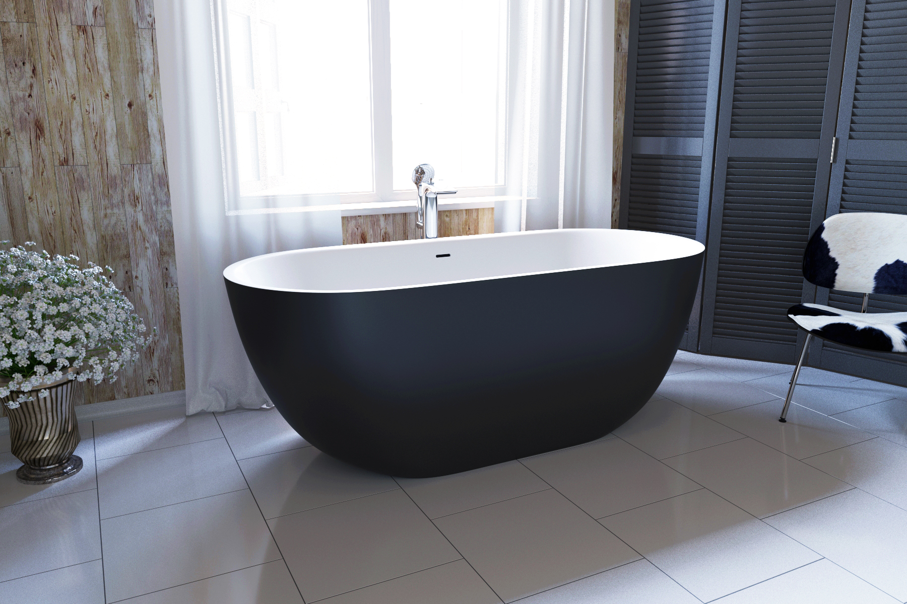 Aquatica CoreliaBlackWht Freestanding Solid Surface Bathtub
